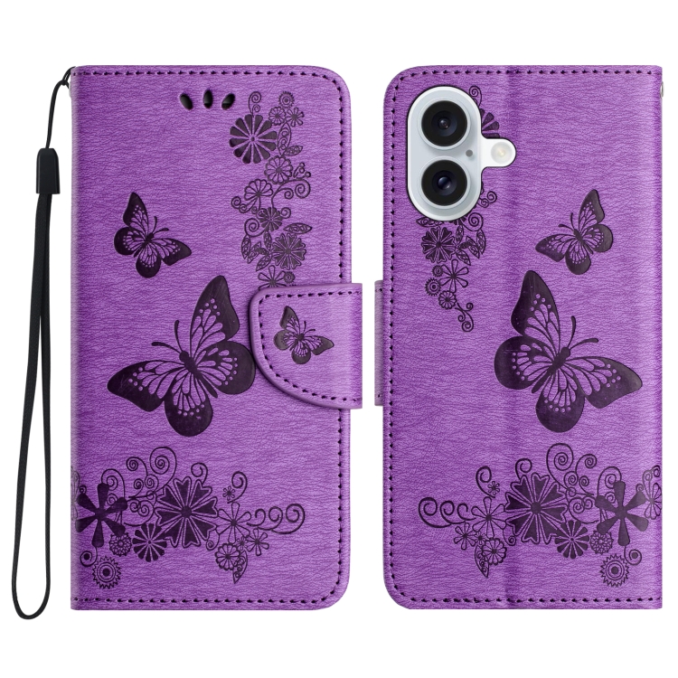 

For iPhone 16 Butterfly Embossed Flip Leather Phone Case(Purple)
