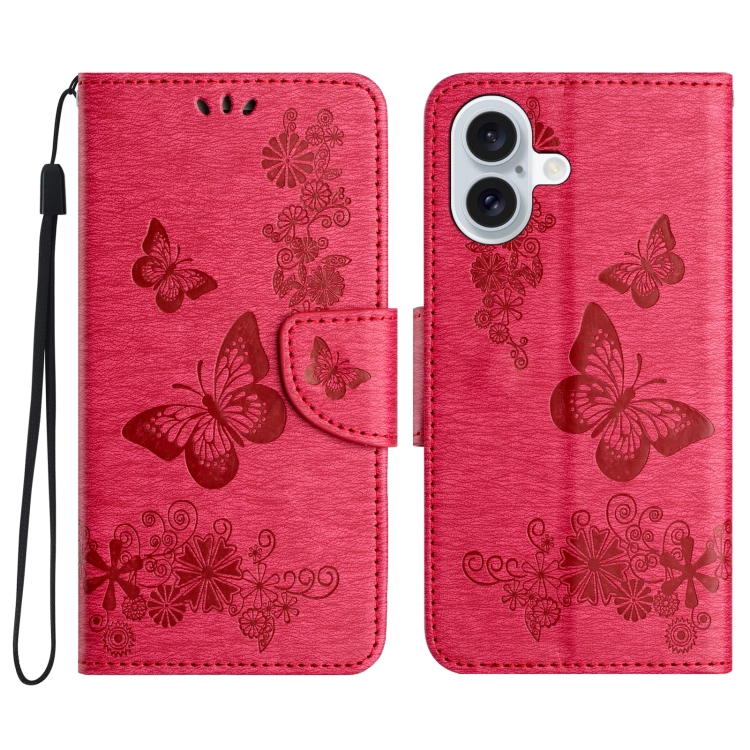 

For iPhone 16 Butterfly Embossed Flip Leather Phone Case(Red)