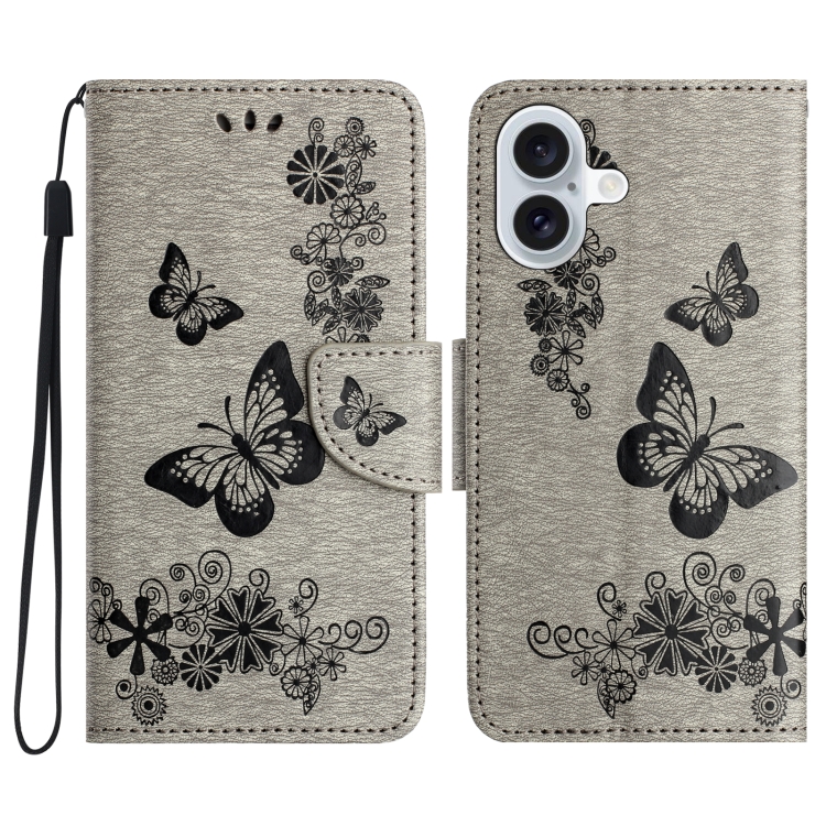 

For iPhone 16 Butterfly Embossed Flip Leather Phone Case(Grey)