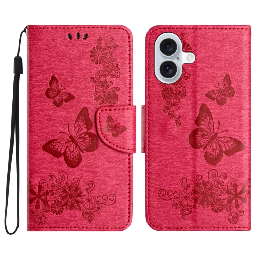 

For iPhone 16 Plus Butterfly Embossed Flip Leather Phone Case(Red)