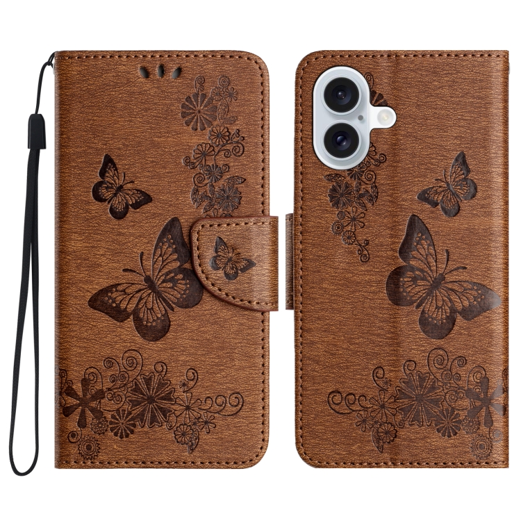 

For iPhone 16 Plus Butterfly Embossed Flip Leather Phone Case(Brown)