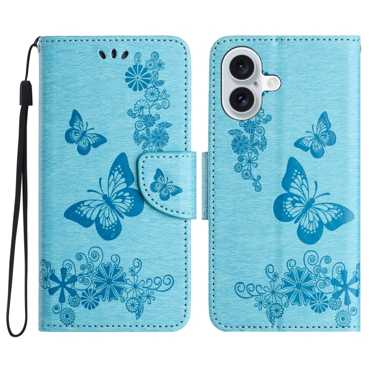 

For iPhone 16 Plus Butterfly Embossed Flip Leather Phone Case(Blue)