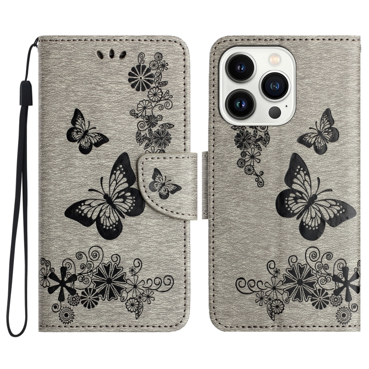 

For iPhone 16 Pro Butterfly Embossed Flip Leather Phone Case(Grey)