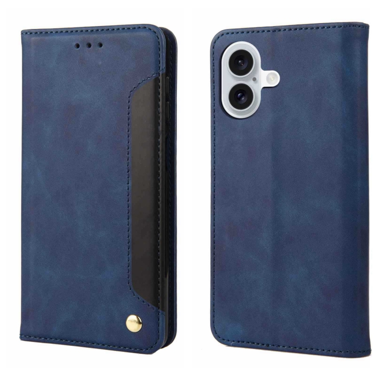 

For iPhone 16 Plus Skin Feel Splicing Leather Phone Case(Blue)