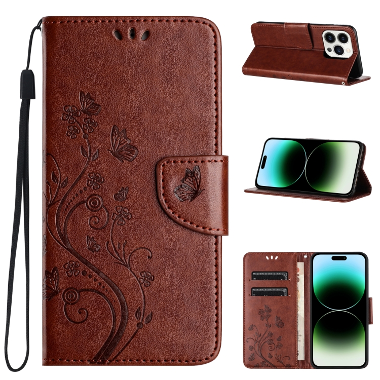 

For iPhone 15 Pro Butterfly Flower Pattern Flip Leather Phone Case(Brown)