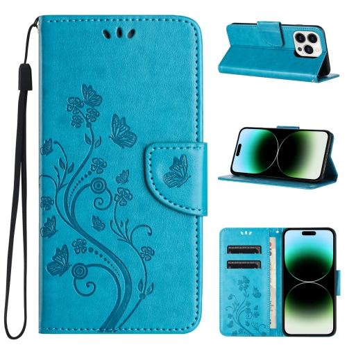 

For iPhone 15 Pro Butterfly Flower Pattern Flip Leather Phone Case(Blue)