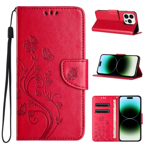 

For iPhone 15 Pro Butterfly Flower Pattern Flip Leather Phone Case(Red)