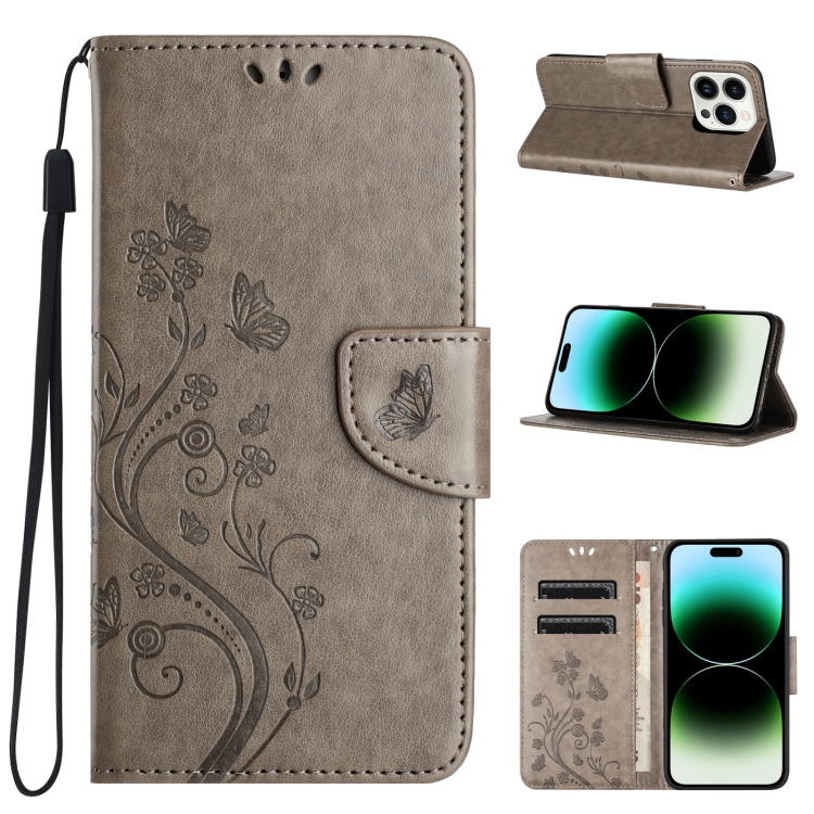 

For iPhone 15 Pro Butterfly Flower Pattern Flip Leather Phone Case(Grey)