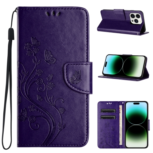 

For iPhone 15 Pro Butterfly Flower Pattern Flip Leather Phone Case(Dark Purple)