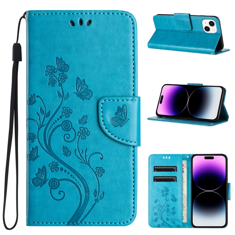 

For iPhone 15 Plus Butterfly Flower Pattern Flip Leather Phone Case(Blue)