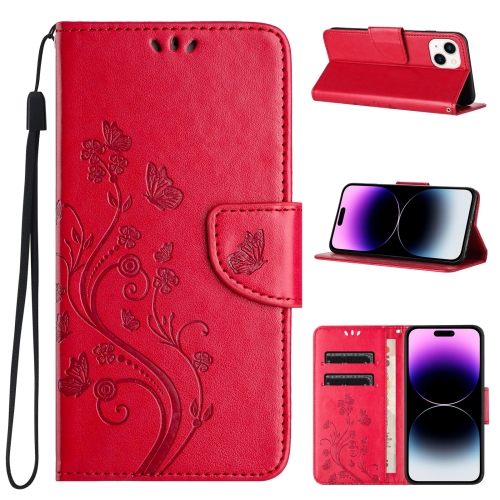 

For iPhone 15 Plus Butterfly Flower Pattern Flip Leather Phone Case(Red)