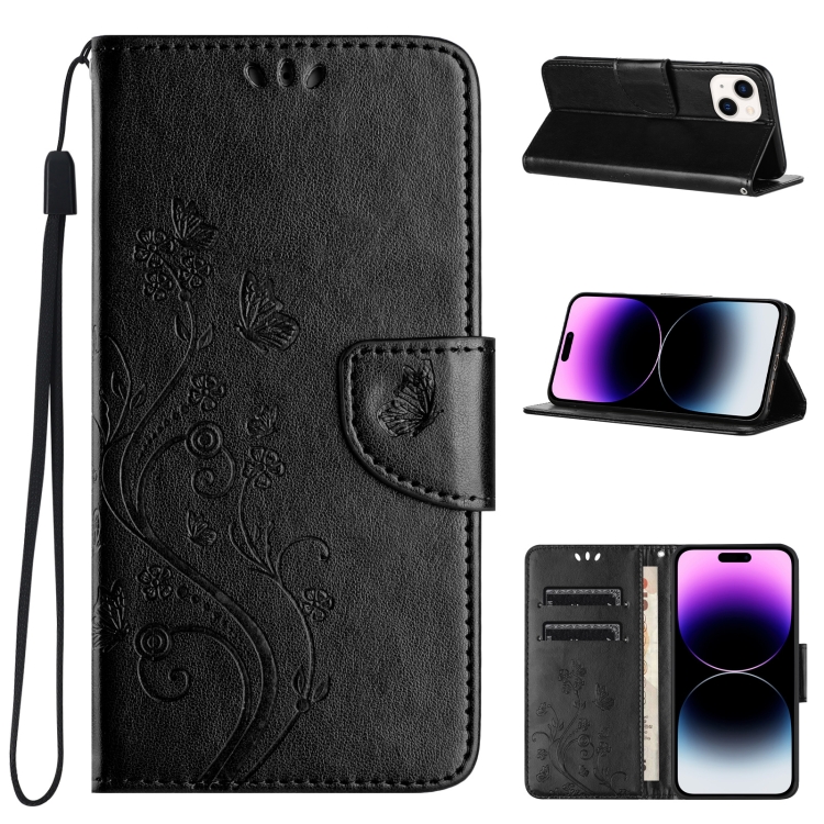 

For iPhone 15 Plus Butterfly Flower Pattern Flip Leather Phone Case(Black)
