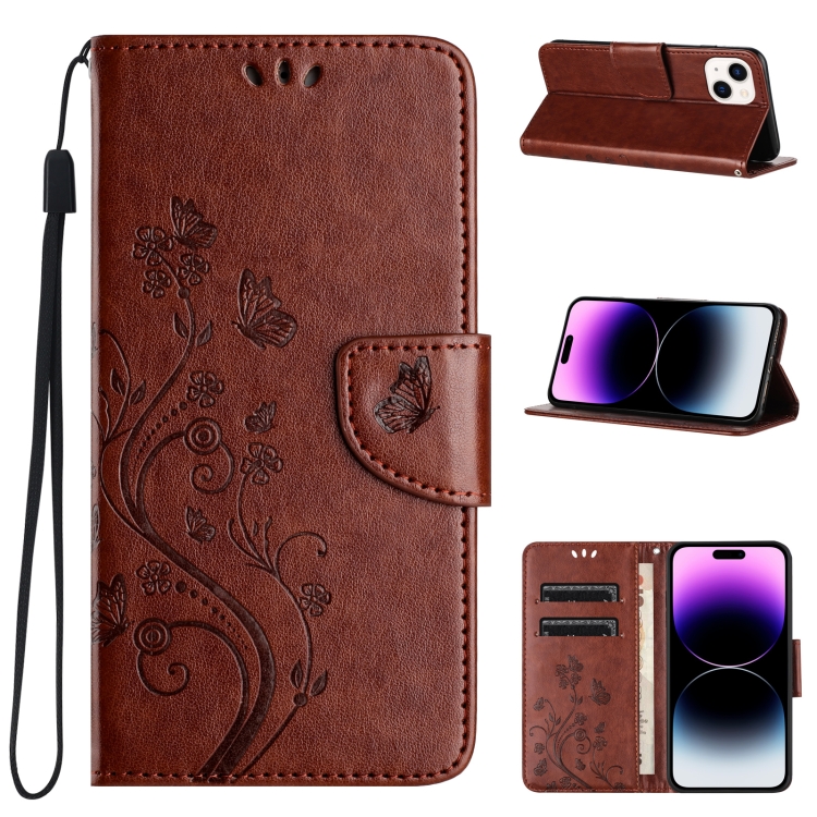 

For iPhone 15 Butterfly Flower Pattern Flip Leather Phone Case(Brown)