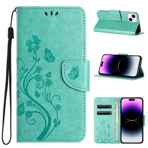 

For iPhone 15 Butterfly Flower Pattern Flip Leather Phone Case(Green)