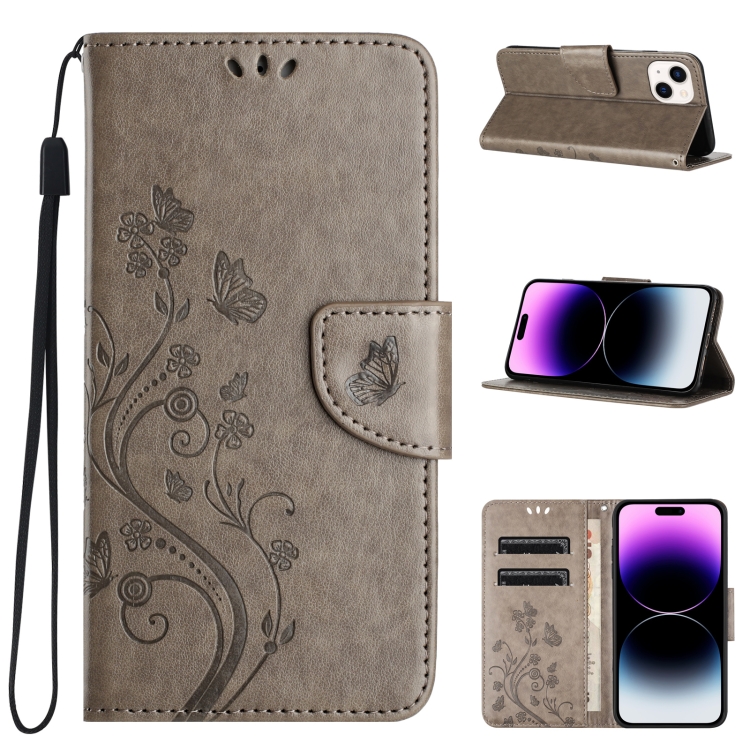

For iPhone 15 Butterfly Flower Pattern Flip Leather Phone Case(Grey)