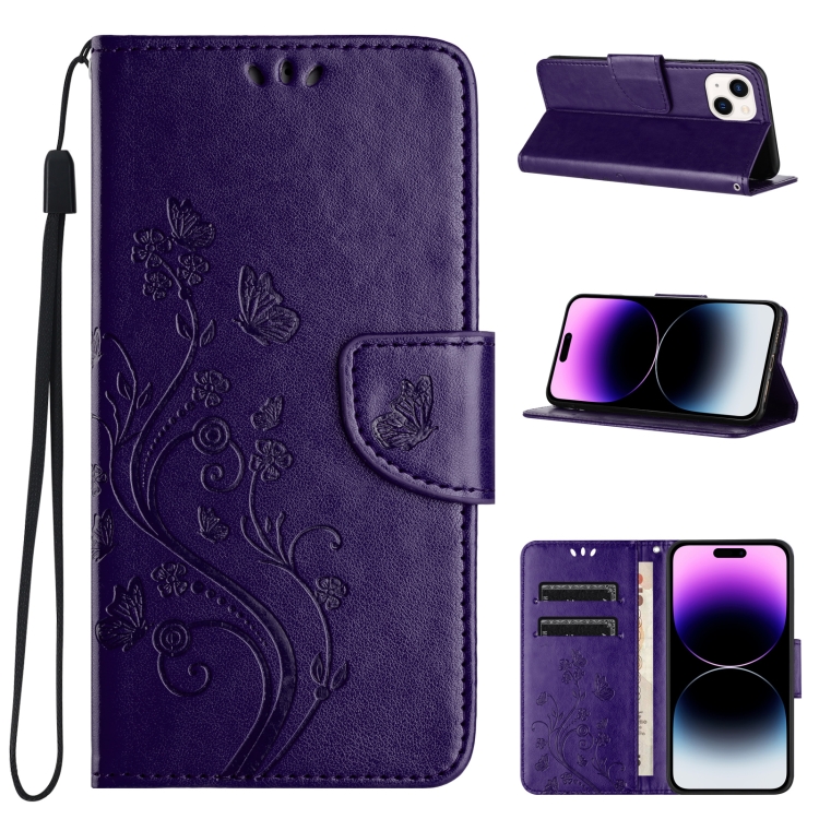 

For iPhone 15 Butterfly Flower Pattern Flip Leather Phone Case(Dark Purple)