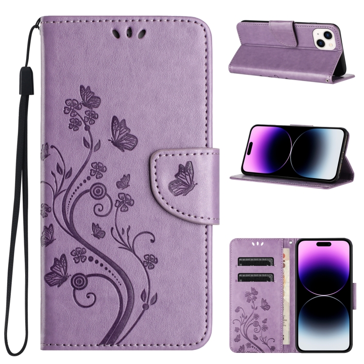 

For iPhone 15 Butterfly Flower Pattern Flip Leather Phone Case(Light Purple)