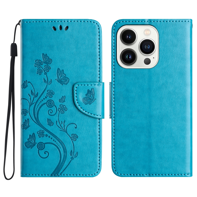 

For iPhone 16 Pro Butterfly Flower Pattern Flip Leather Phone Case(Blue)