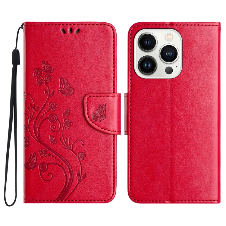 

For iPhone 16 Pro Butterfly Flower Pattern Flip Leather Phone Case(Red)