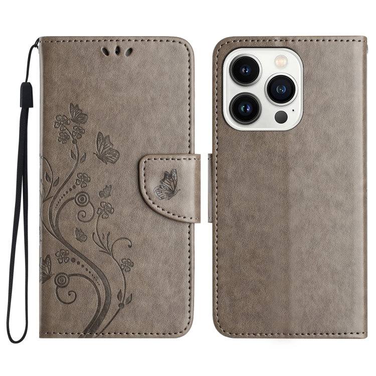 

For iPhone 16 Pro Butterfly Flower Pattern Flip Leather Phone Case(Grey)