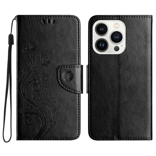 

For iPhone 16 Pro Butterfly Flower Pattern Flip Leather Phone Case(Black)