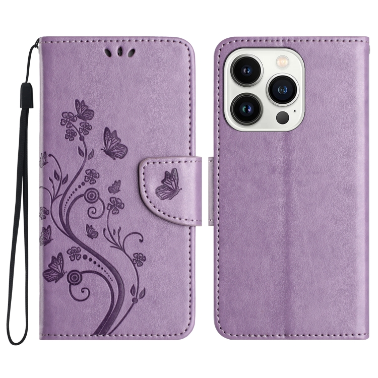 

For iPhone 16 Pro Butterfly Flower Pattern Flip Leather Phone Case(Light Purple)