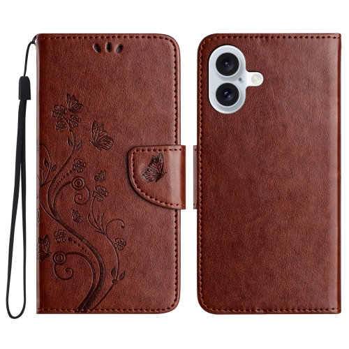 

For iPhone 16 Plus Butterfly Flower Pattern Flip Leather Phone Case(Brown)