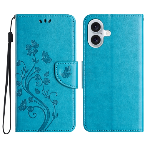 

For iPhone 16 Plus Butterfly Flower Pattern Flip Leather Phone Case(Blue)