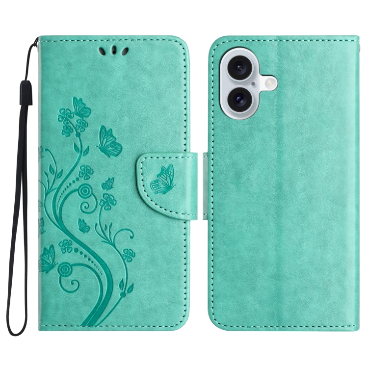 

For iPhone 16 Plus Butterfly Flower Pattern Flip Leather Phone Case(Green)