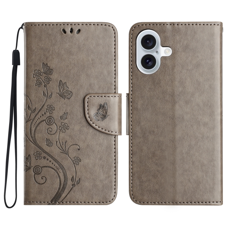 

For iPhone 16 Plus Butterfly Flower Pattern Flip Leather Phone Case(Grey)