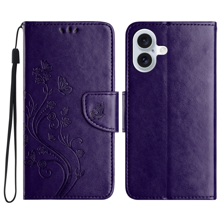 

For iPhone 16 Plus Butterfly Flower Pattern Flip Leather Phone Case(Dark Purple)