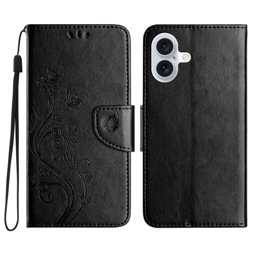 

For iPhone 16 Plus Butterfly Flower Pattern Flip Leather Phone Case(Black)