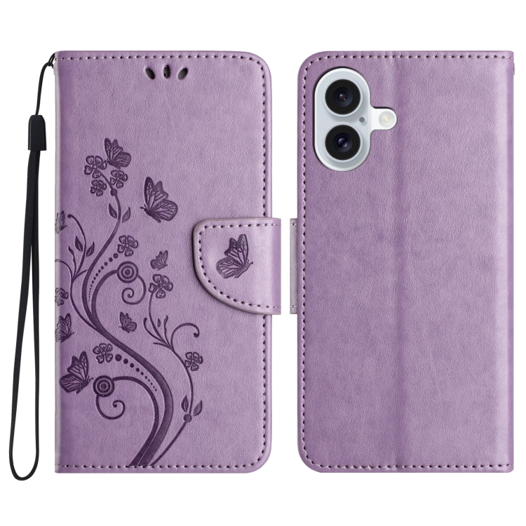 

For iPhone 16 Plus Butterfly Flower Pattern Flip Leather Phone Case(Light Purple)