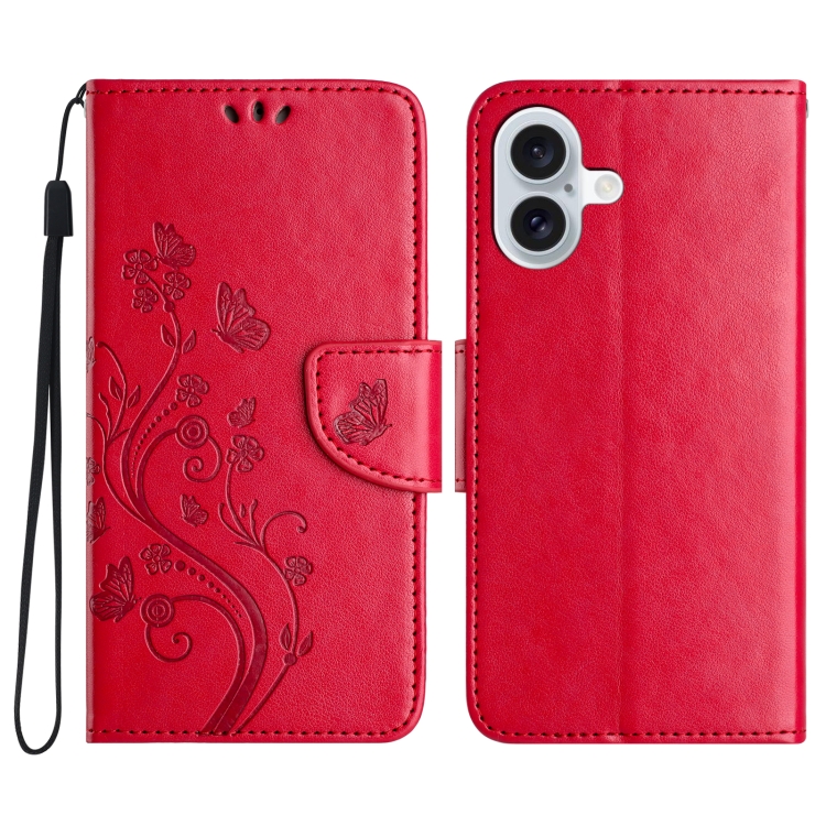 

For iPhone 16 Butterfly Flower Pattern Flip Leather Phone Case(Red)