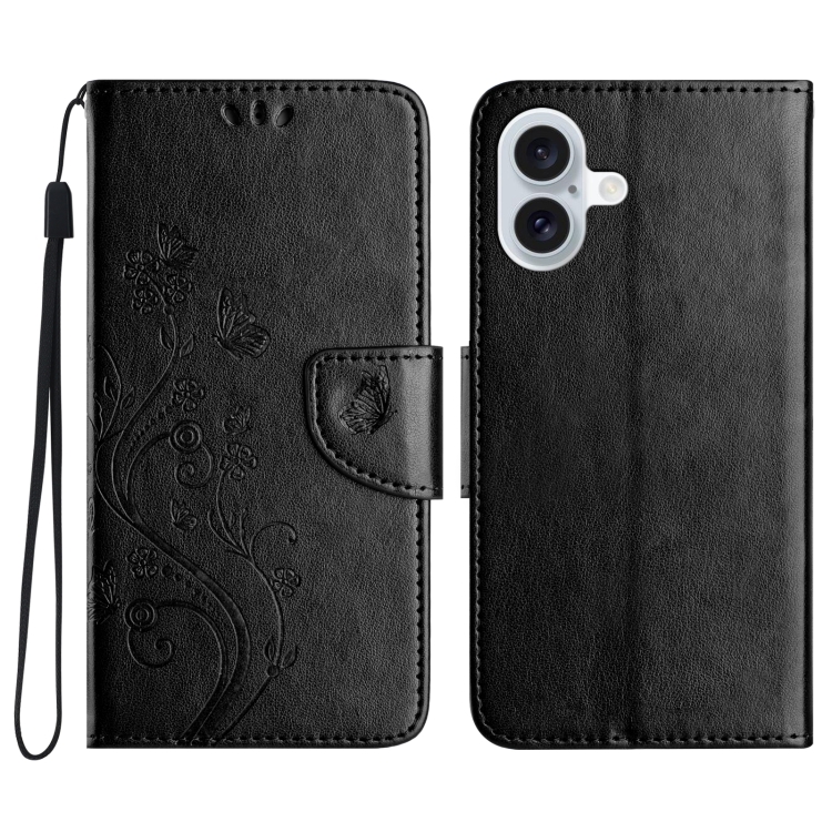 

For iPhone 16 Butterfly Flower Pattern Flip Leather Phone Case(Black)