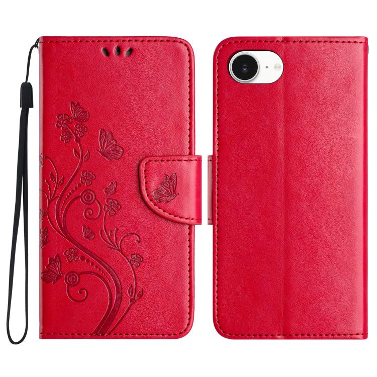

For iPhone 16e Butterfly Flower Pattern Flip Leather Phone Case(Red)