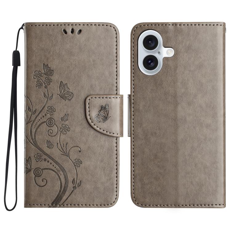 

For iPhone 17 Butterfly Flower Pattern Flip Leather Phone Case(Grey)