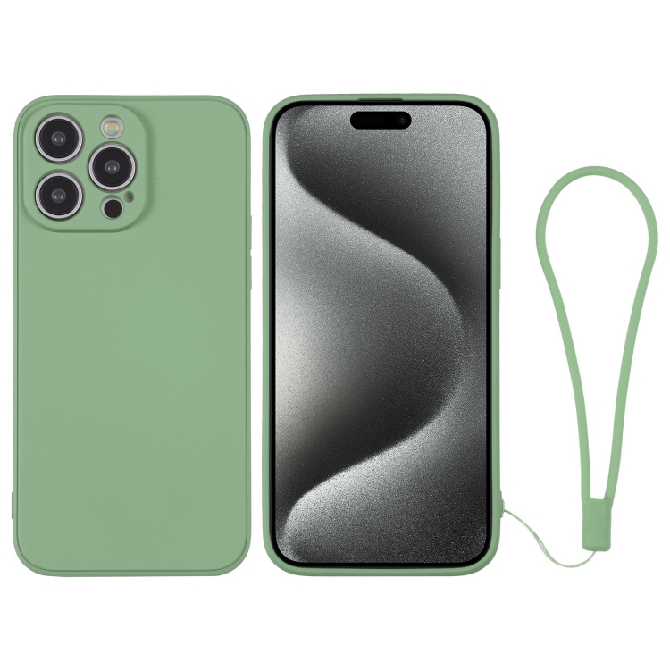 

For iPhone 15 Pro Max Silicone Phone Case with Wrist Strap(Matcha Green)