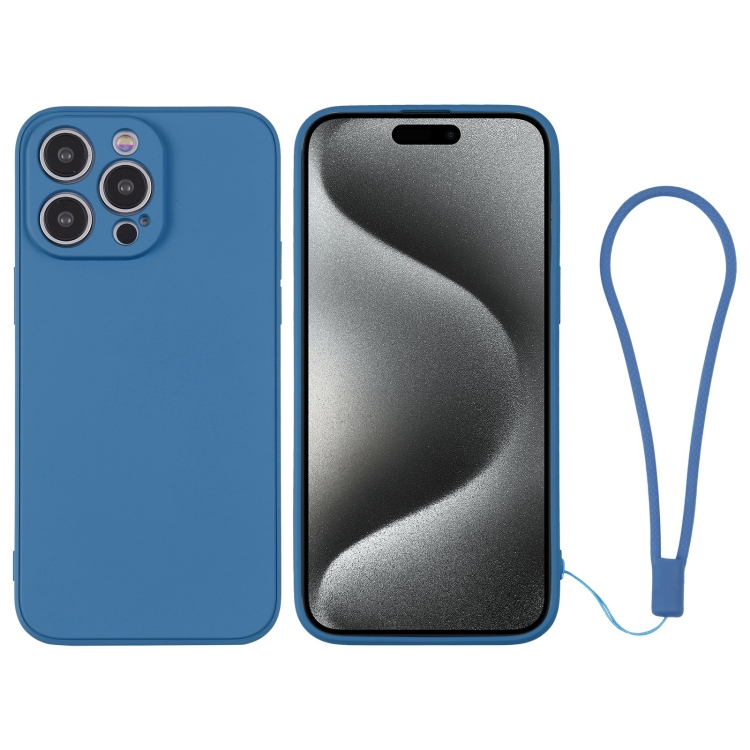 

For iPhone 15 Pro Max Silicone Phone Case with Wrist Strap(Blue)