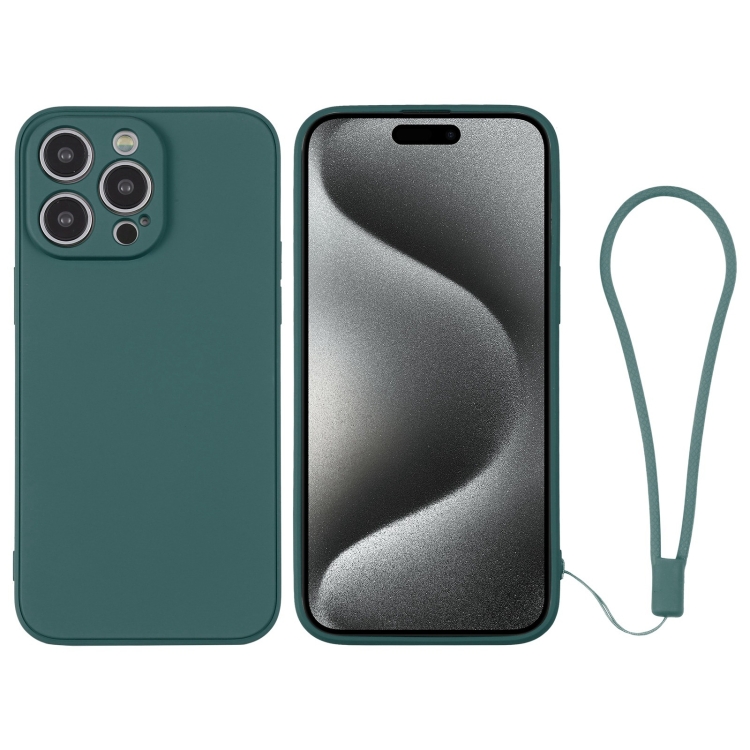 

For iPhone 15 Pro Max Silicone Phone Case with Wrist Strap(Deep Green)