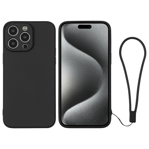 

For iPhone 15 Pro Max Silicone Phone Case with Wrist Strap(Black)