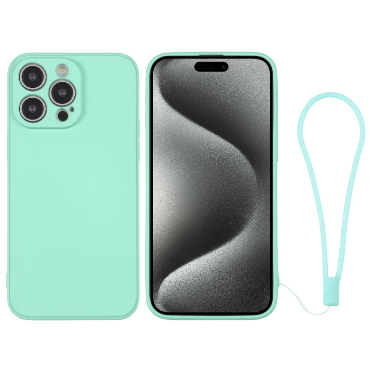 

For iPhone 15 Pro Silicone Phone Case with Wrist Strap(Mint Green)