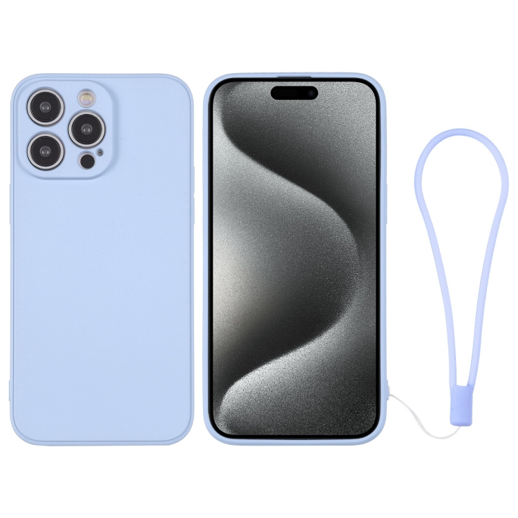 

For iPhone 15 Pro Silicone Phone Case with Wrist Strap(Light Blue)