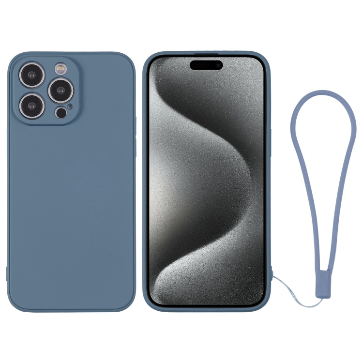 

For iPhone 15 Pro Silicone Phone Case with Wrist Strap(Grey Blue)