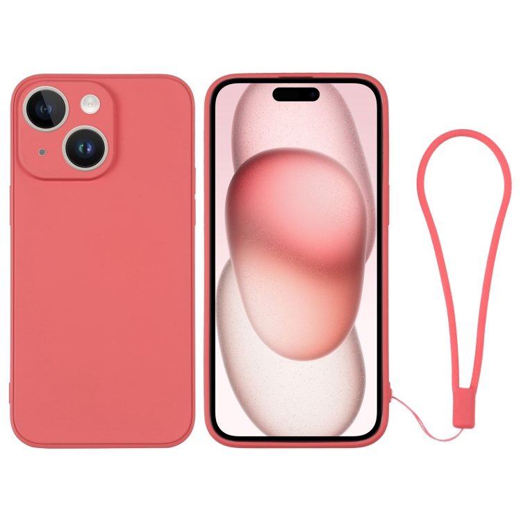 

For iPhone 15 Plus Silicone Phone Case with Wrist Strap(Orange Red)