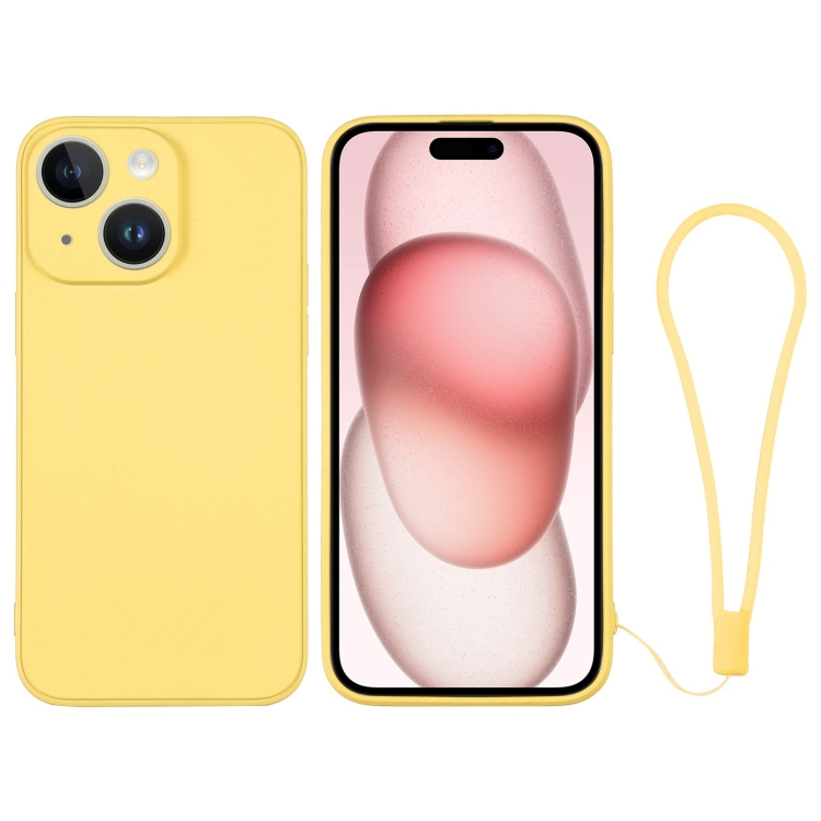 

For iPhone 15 Plus Silicone Phone Case with Wrist Strap(Yellow)