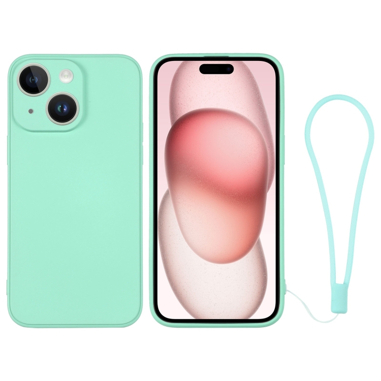 

For iPhone 15 Plus Silicone Phone Case with Wrist Strap(Mint Green)