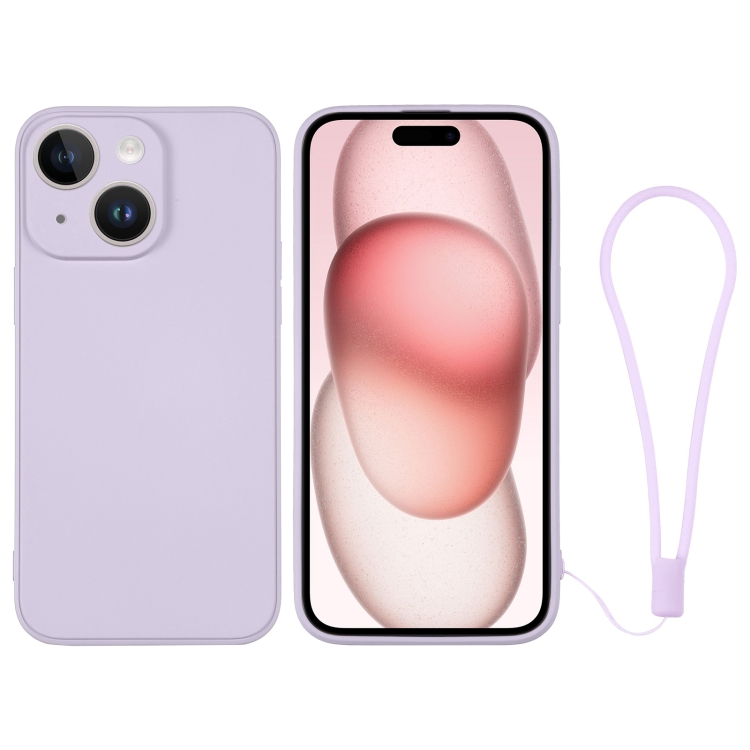 

For iPhone 15 Plus Silicone Phone Case with Wrist Strap(Light Purple)