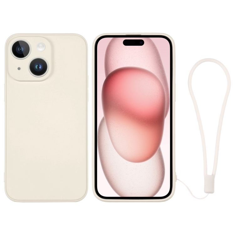 

For iPhone 15 Silicone Phone Case with Wrist Strap(White)