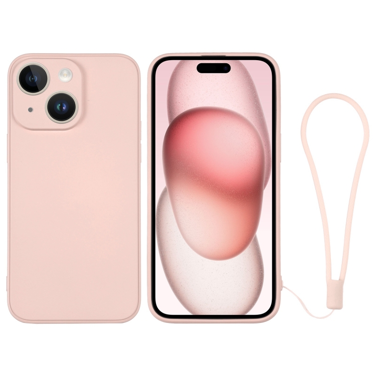 

For iPhone 15 Silicone Phone Case with Wrist Strap(Pink)